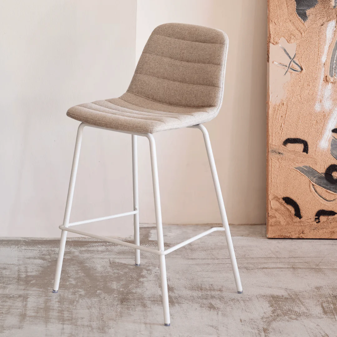 Mid-Century Beige Steel Barstool with Upholstered for Kitchen