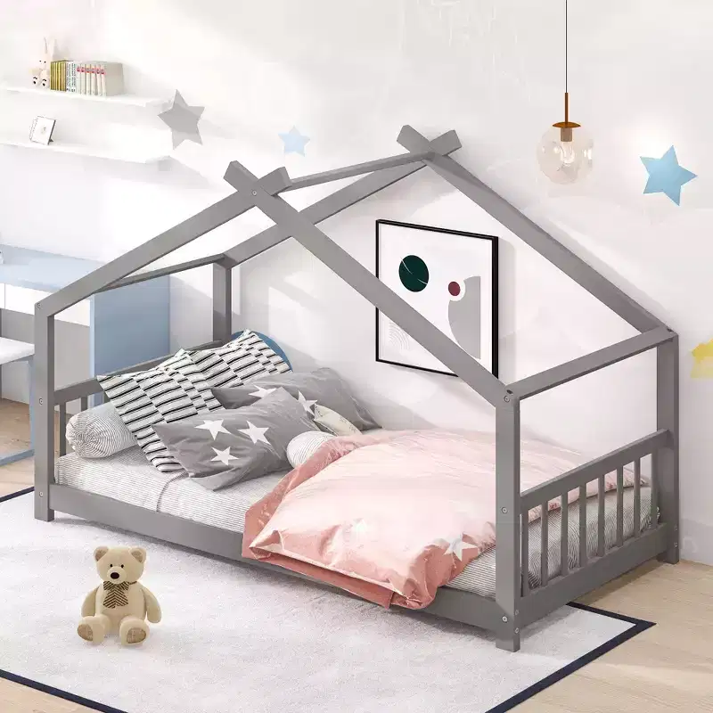 Montessori Floor Bed Twin Size, Twin Floor Bed Frame with Headboard, Footboard, Gray