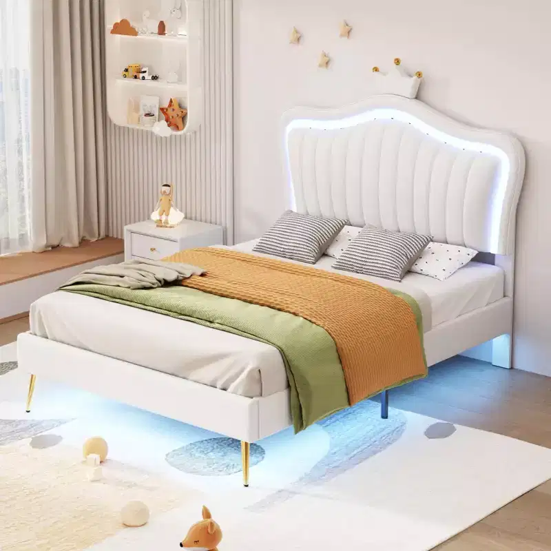 SC-1PC Twin Size Upholstered Bed Frame with LED Lights, Modern Upholstered Princess Bed With Crown Headboard White