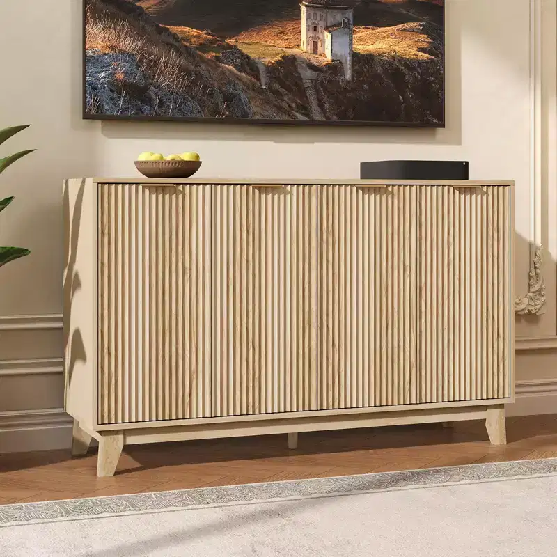 Modern Fluted TV Stand, Buffet Cabinet, 4 Doors, Entertainment Center with Large Storage Cabinets, for Bedroom, Kitchen, Coffee Bar