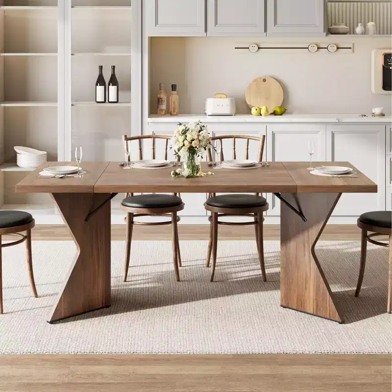 71in Modern Farmhouse Rectangular Dining Table for 6, Thickened Wood Tabletop with Sturdy V-Shaped Metal Legs for Kitchen, Dining Room or Office