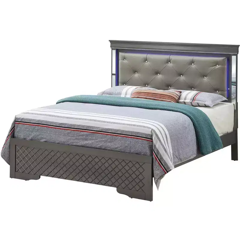 Panel Bed with LED Headboard and Mirror Trim