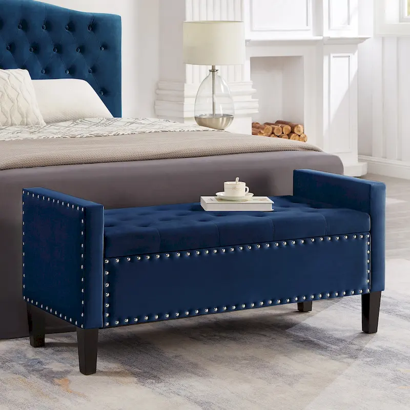 Upholstered Tufted Button Storage Bench with nails trim,Entryway Living Room Soft Padded Seat with Armrest,Bed Bench - Cream