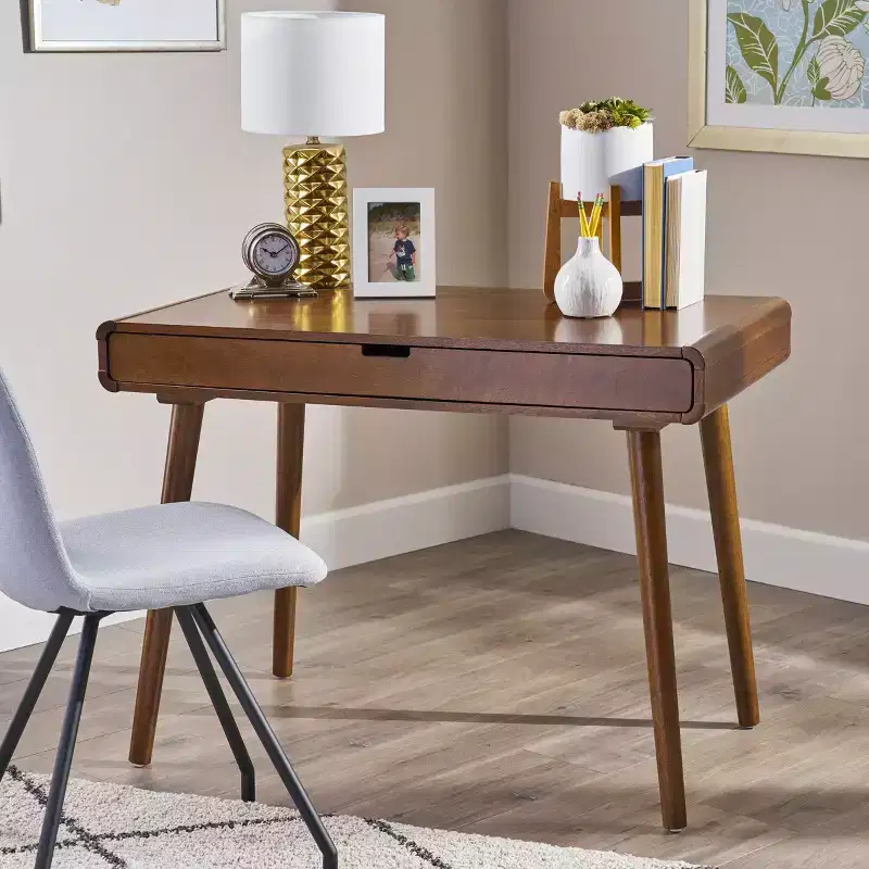 Okak 40IN Elegent Standing Desk with Large Drawers, Computer Desk with Wooden Legs, Home Office Desks for Workplace, Reading Room, Brown