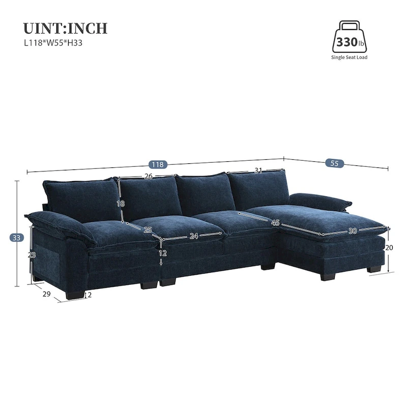 Harper&Bright Designs Modern L-shaped Chenille Cloud Sofa with Double Seat
