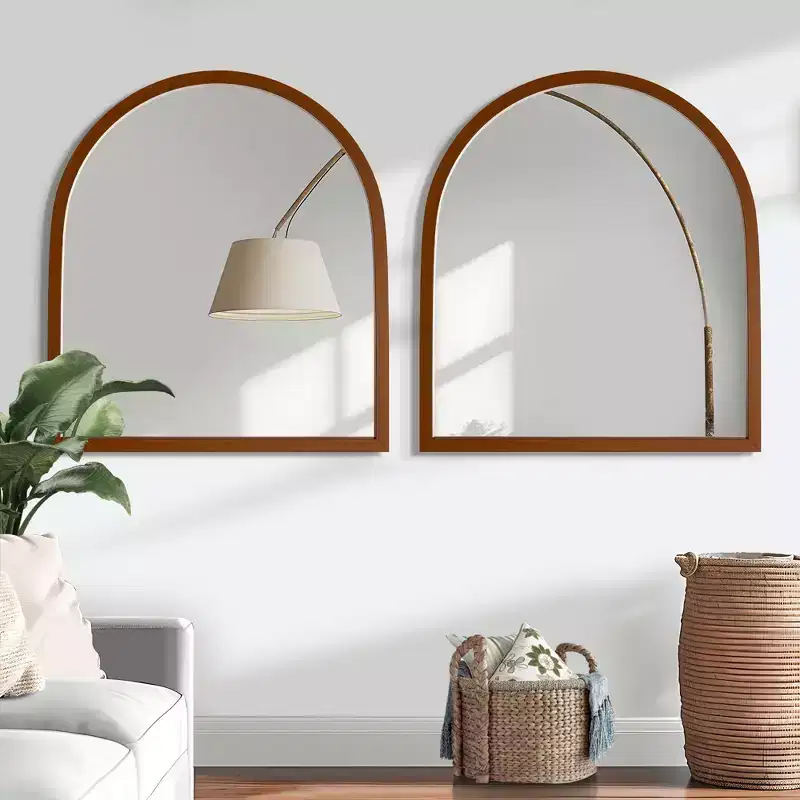 Solid Wood Straight Edge Right Angle Arch Walnut Color Hanging Mirror - 90x80x2 cm (Double-sided Mounting)