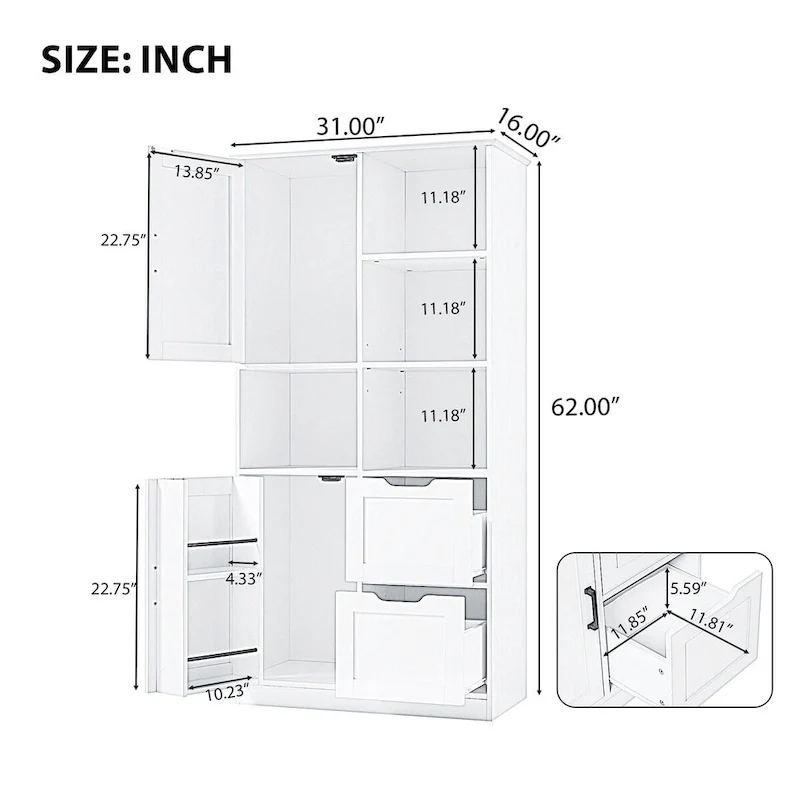 31 in. W x 16 in. D x 62 in. H White Linen Cabinet with Open Shelves and Drawers
