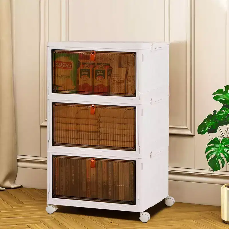 3/4 Tier Foldable Storage Bins, Plastic Toy Lockers, Clothes Stackable Organizer With Lockable Wheels, White