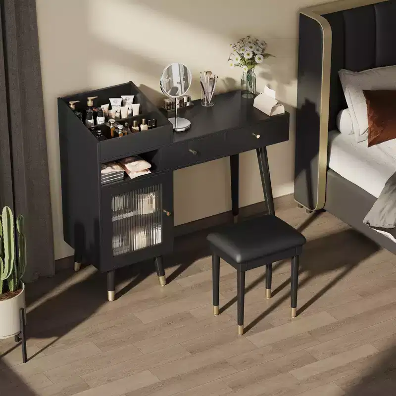 Modern Makeup Vanity Desk with Stool, Stylish Makeup Vanity Table with 2 Drawers, Space-Saving Dressing Table Set