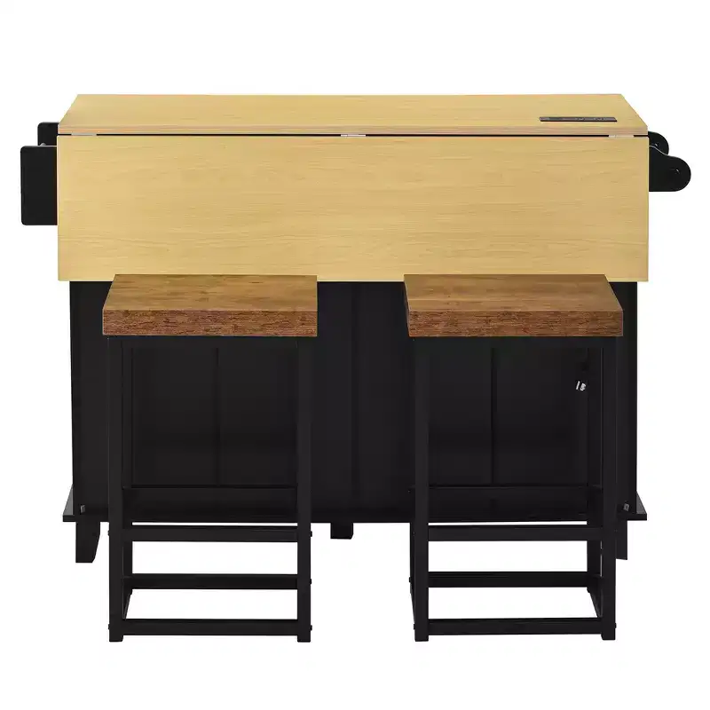 Farmhouse Kitchen Island with Drop Leaf, Drawers, Power Outlet and 2 Seats