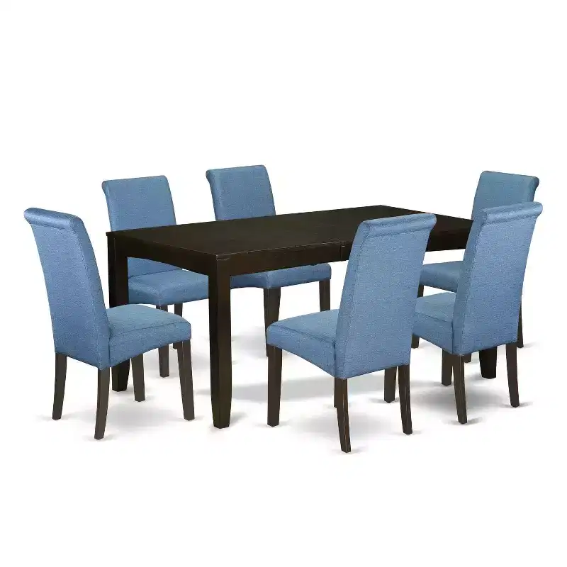 Kitchen Table Set 7Pc Dining Table with Fabric Chairs Linen Blue Cappuccino Legs