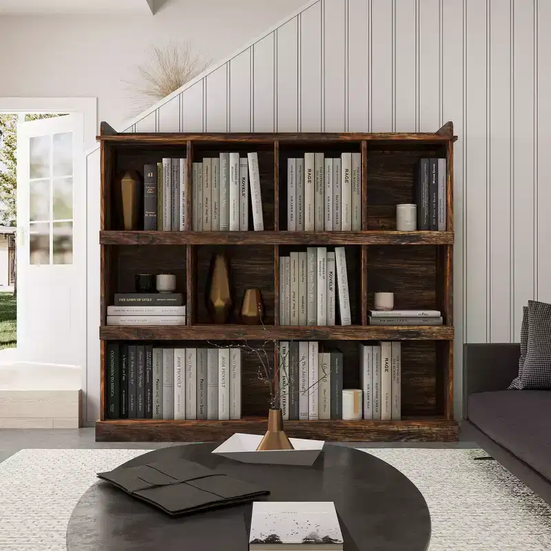 10 Cube Tall Bookcase, Freestanding Cubicle Storage Shelf Vintage Industrial Bookcase for Living Room Bedroom Office