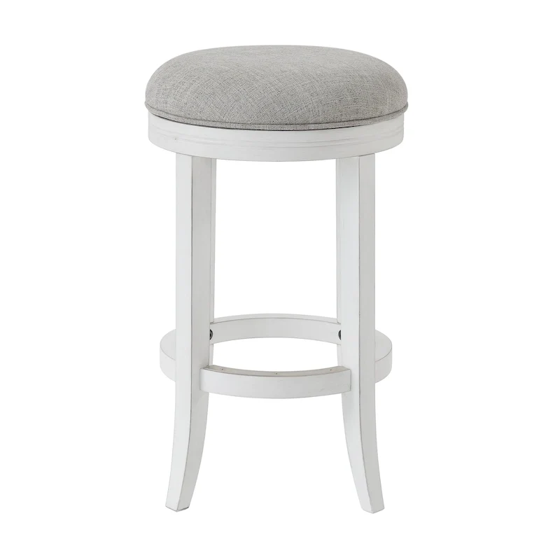 Avery White Wood Backless Swivel Bar Stool, Gray Fabric Seat