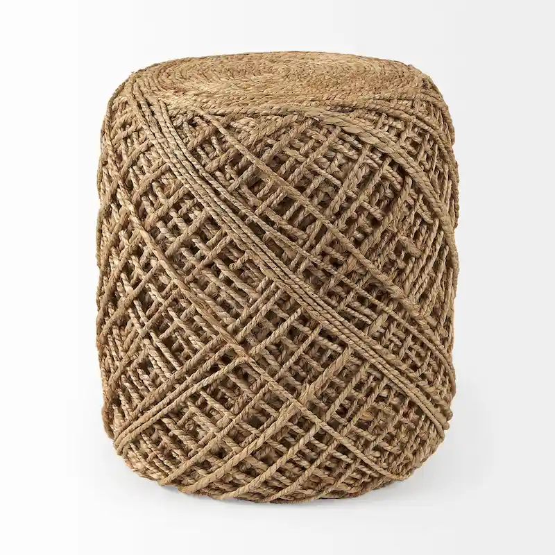 Handwoven Brown Wool Round Pouf with Diamond Weave Pattern