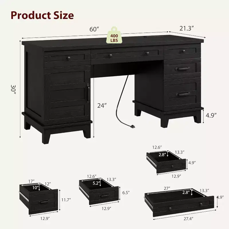 60 Executive Desk with Drawers, Home Office Desk with Charging Station, Wooden Computer Writing Desk for Study, Conference Table for Living Room