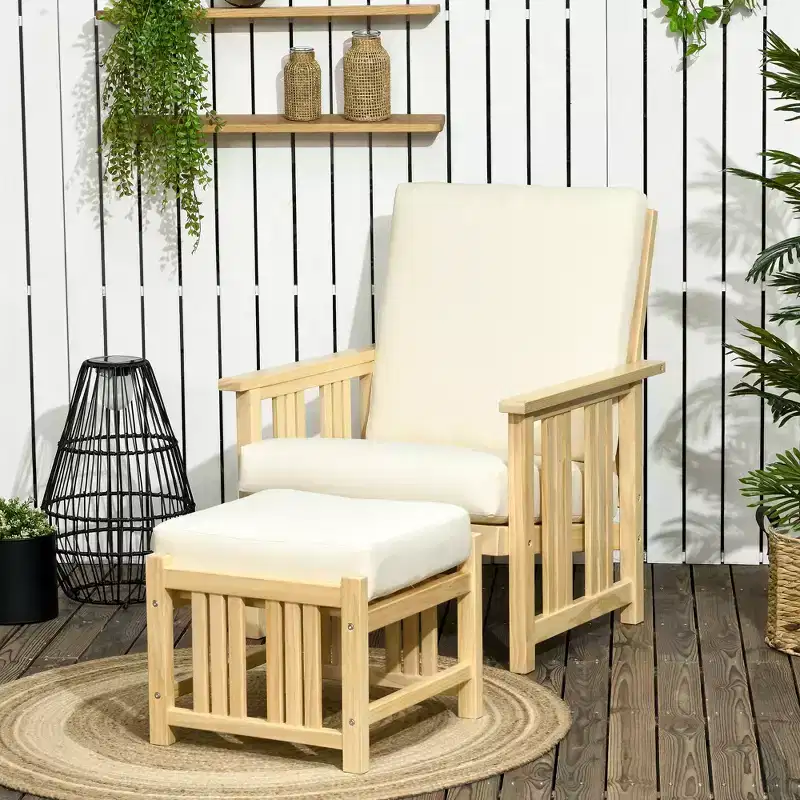 Outsunny Patio Furniture Set, Wood Outdoor Patio Chair with Ottoman, 2 Piece Cushioned Outdoor Lounge Chair, Sofa Chair with Footrest, Beige