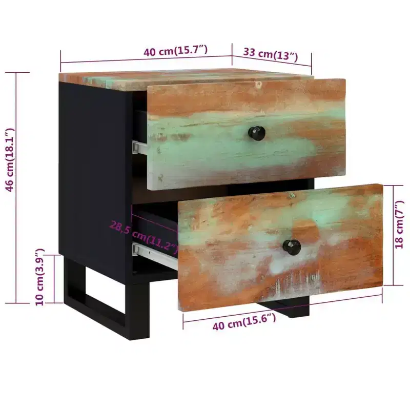 Industrial Bedside Cabinet with Reclaimed Wood & Iron Legs, Multicolour