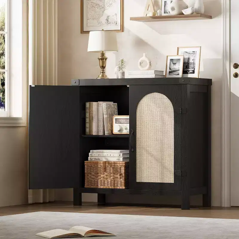 Rattan Buffet Cabinet with Storage, Sideboard with Synthetic Rattan-Accent Doors, Adjustable Shelves for Living Room Dining Room Hallway, Black
