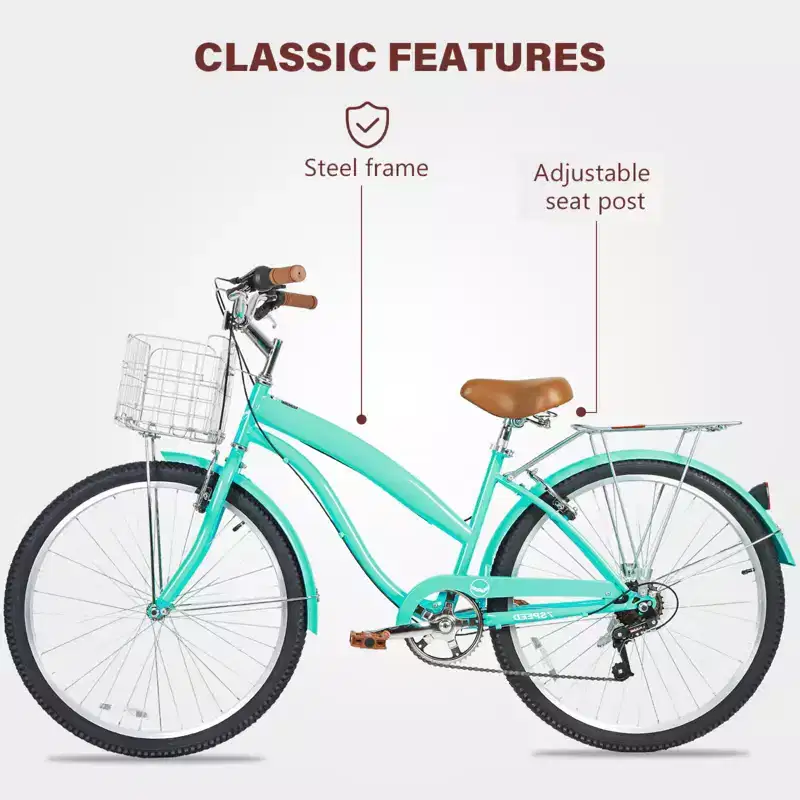 Hykolity 26 Inch Beach Cruiser Bike 7-Speed Commuter Bicycle Outdoor City Bike for Women with Rear Rack High-Carbon Steel Front Rear Fenders & Basket