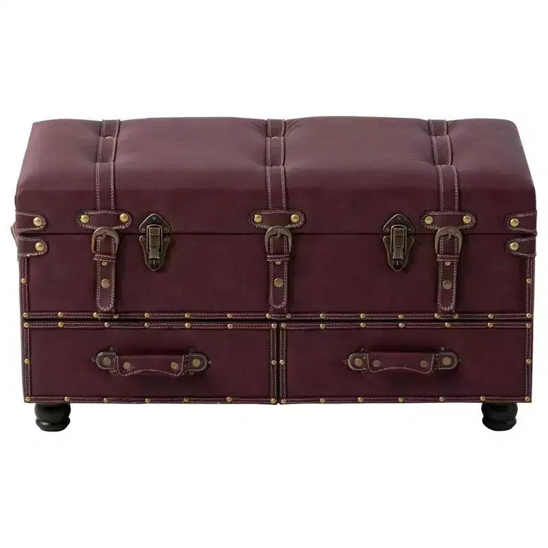 Vintage Storage Bench, Upholstered Wooden Ottoman Padded Chest Box for Entryway, Bedroom, Living Room, Mid-Century Style, Dark Magenta