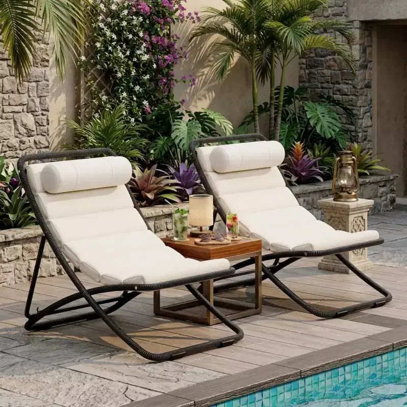 Polibi 2-Piece Outdoor Rattan Lounge Chair Set with Adjustable Recline & Headrest