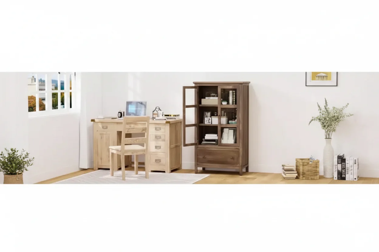 Rustic Glass Door Storage Cabinet with Drawer – Fir Wood Veneer, Solid Wood Legs, Walnut Finish