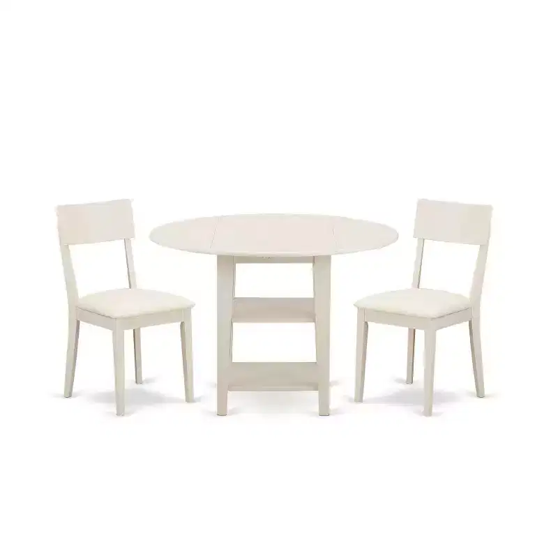 HomeStock 3-Piece Linen White Finish Round Solid Wood Top Dining Table Set