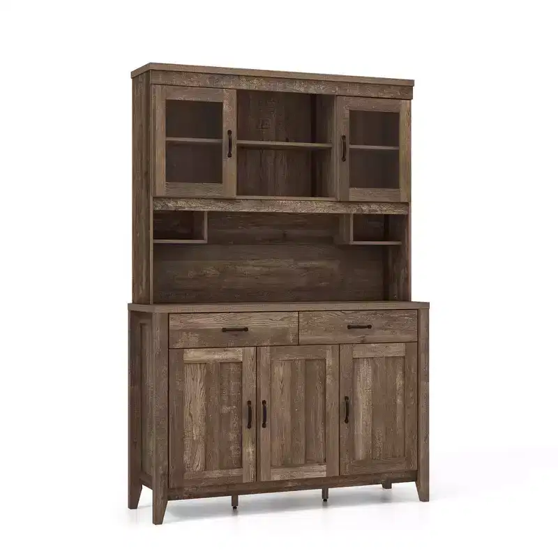 Kitchen Pantry Cabinet with Microwave Countertop, Double Glass Doors & 2 Drawers
