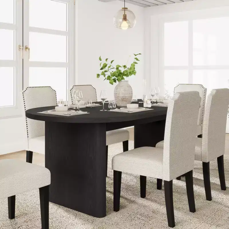 70.8 Inch Oval Dining Table with 6Upholstered Dining Chairs, Kitchen Table with Sturdy Wooden Base, High Back Dining Chair with Wood Legs for Kitchen