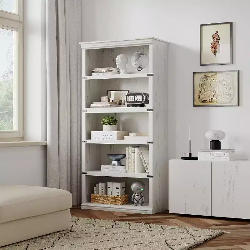 67.4 Farmhouse 5-Tier Bookshelf - Tall Wood Storage Shelf for Living Room & Home Office