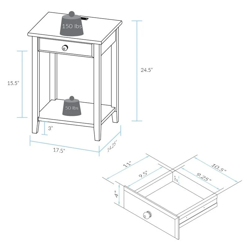 1-drawer Solid Wood Nightstand with USB Ports