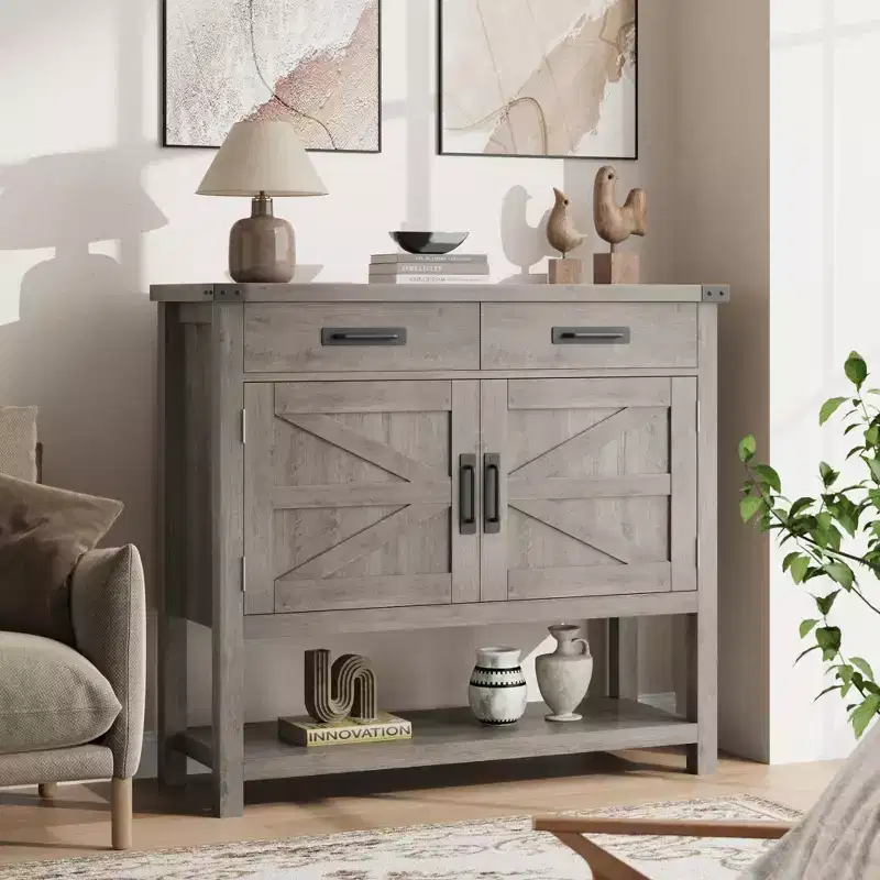 Farmhouse Entryway Table  2-Door Cabinet & 2-Drawer Storage Console for Kitchen/Hallway/Living Room