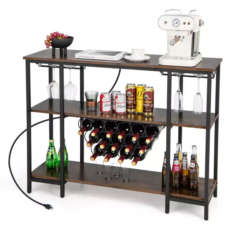 Wine Cabinet Bar Table with Glass Holders, Bottle Racks and Power Outlets Brown/Grey