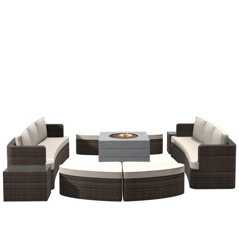 9-piece Patio Wicker Daybed Set with Concrete Fire Pit Table