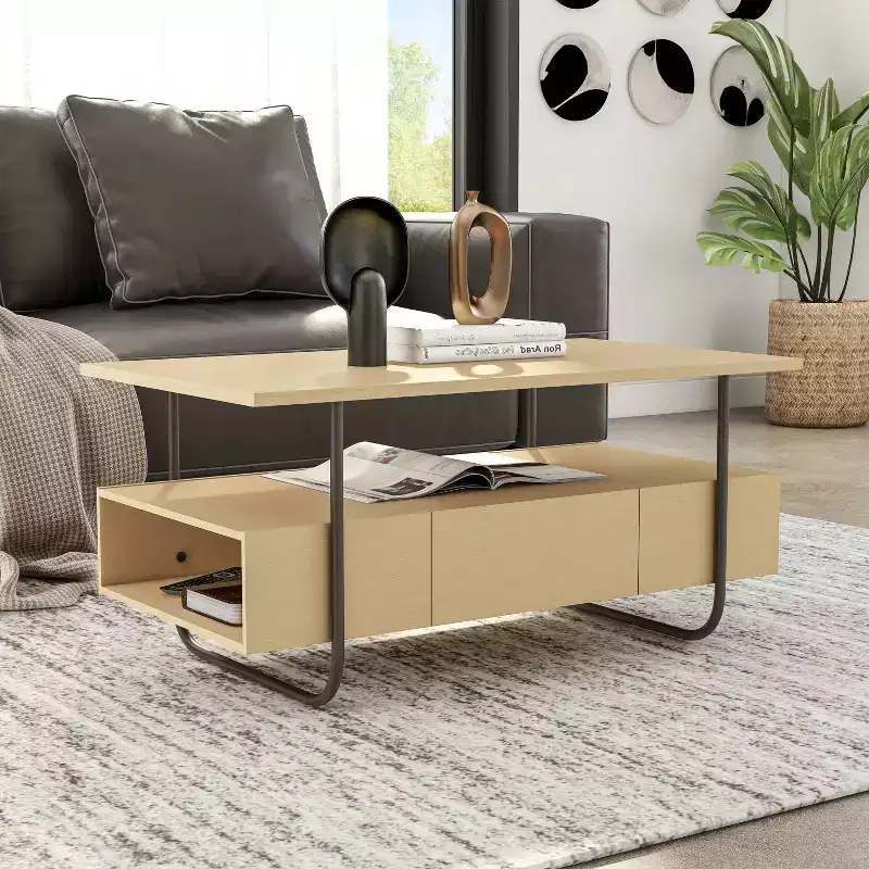 24/7 Shop At Home 36" Songcraft Contemporary 1 Drawer Coffee Table with Shelves Light Maple: Living Room, Rectangle, MDF