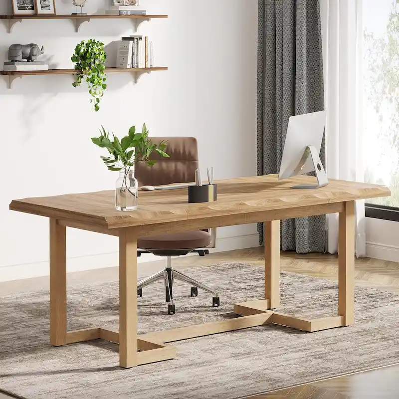 62.2-inch Wood Rectangular Computer Desk with Solid Wood Legs