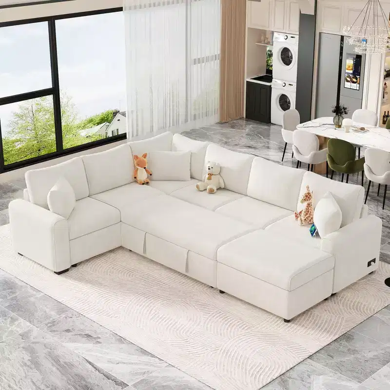 Whisen 112 Modern Sectional Sofa Pull-out Sofa Bed Sleeper with Storage Ottoman,Three Pillows, Charging Devices