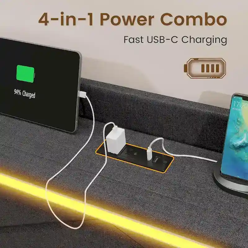Bed Frame LED Lights Headboard & USB-C/A Charging Station 4 Drawers
