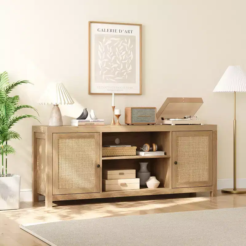 Farmhouse TV Stand, TV Entertainment Center with Doors Adjustable Shelves, Modern TV Media Console for Living Room, Bedroom, Oak