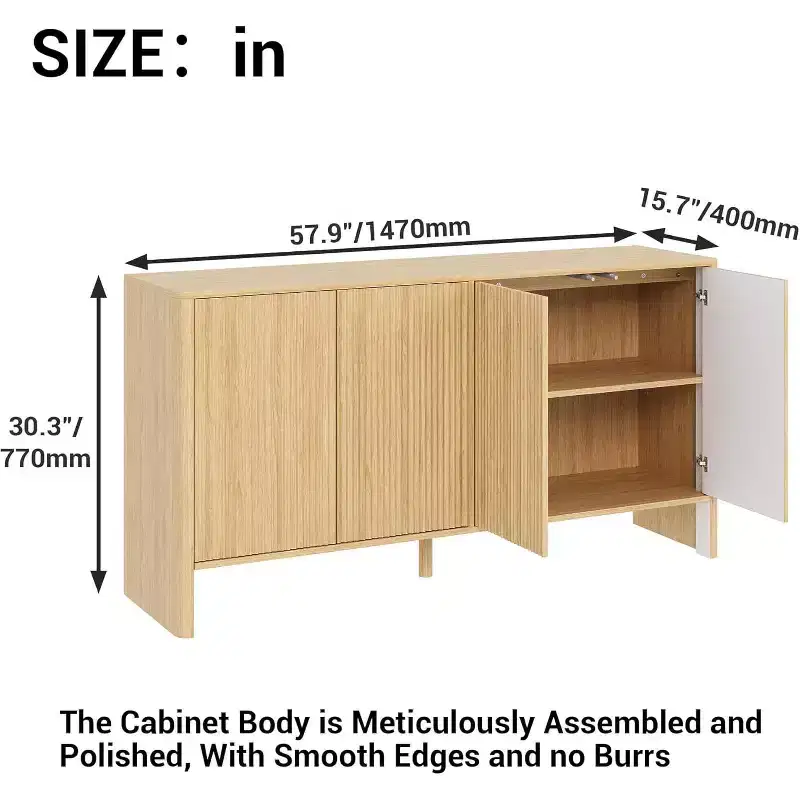 58 Inch Sideboard Buffet Cabinet, Modern Fluted Coffee Bar Cupboard Storage Cabinet with 4 Doors and Adjustable Shelves for Kitchen Entryway