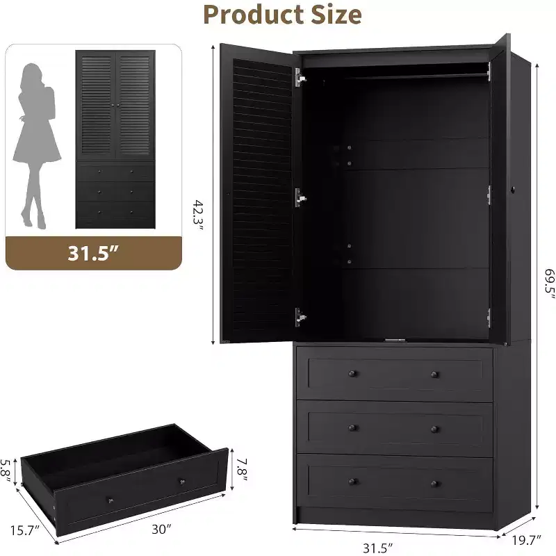2-Door Armoire Wardrobe with Hanging Rod and Drawers, Tall Wood Storage Cabinet for Bedroom