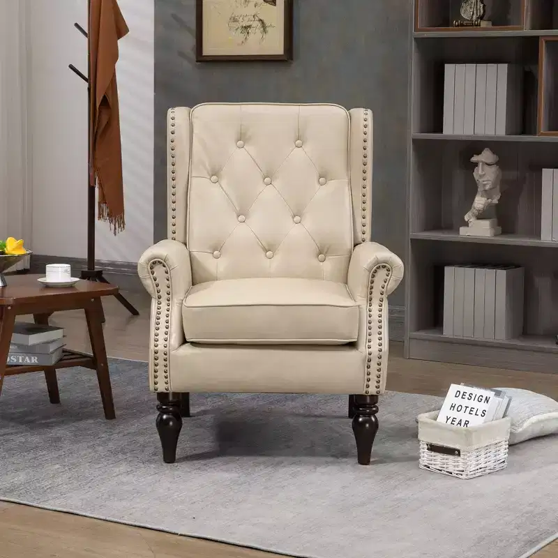 Tufted PU Leather Accent Armchair with Wood Legs – 250 lb Capacity