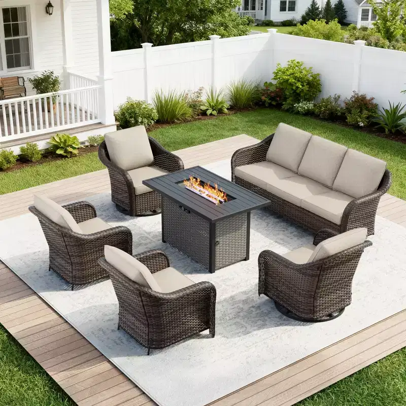 UPTIOT 6-Piece Outdoor Set with 3-Seat Sofa, 2 Swivel Chairs, 2 Single Chairs & 50,000 BTU Brown Fire Table