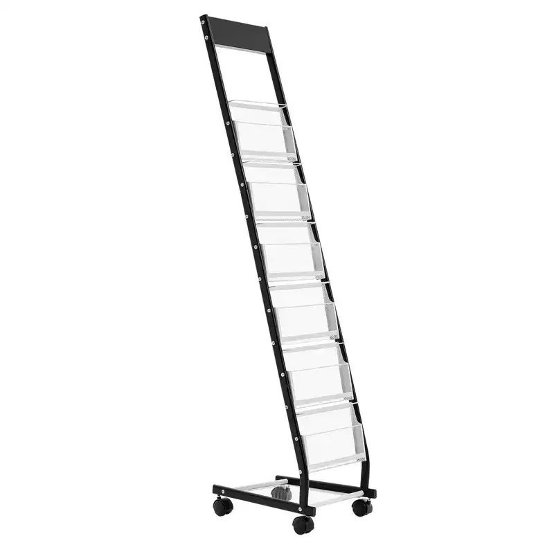 6-Tier Magazine Brochure Display Rack with Wheels, Narrow Metal Floor Standing Literature Stand, 6 Pockets, Black