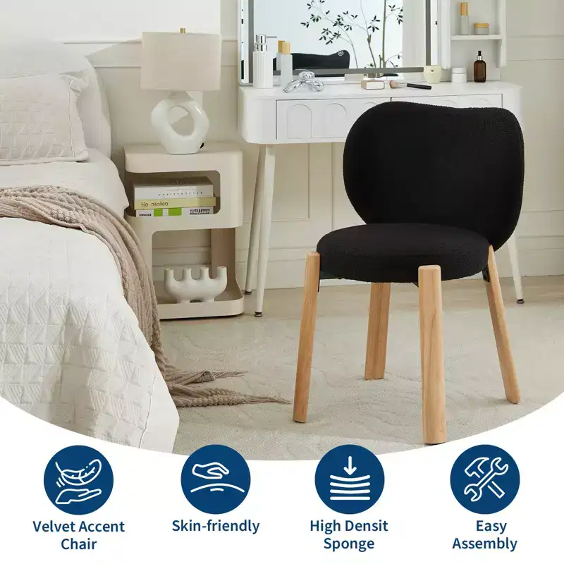 Wood Dining Chairs Plush Teddy Fabric, Modern Cute Design, Curved Backrest, Wood Frame, Upholstered for Kitchen and Living Room