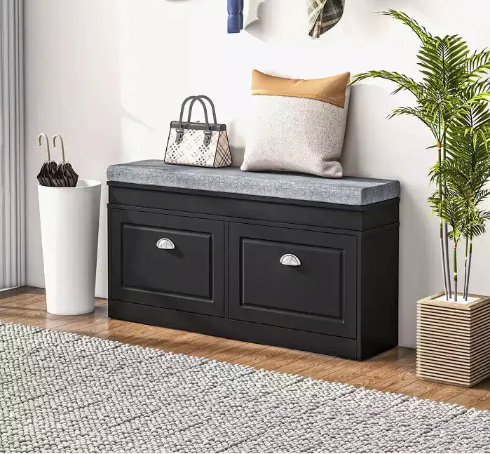 Modern Shoe Rack Bench for Entryway - Storage Organizer with Cushion, 2 Drawers & Adjustable Shelf
