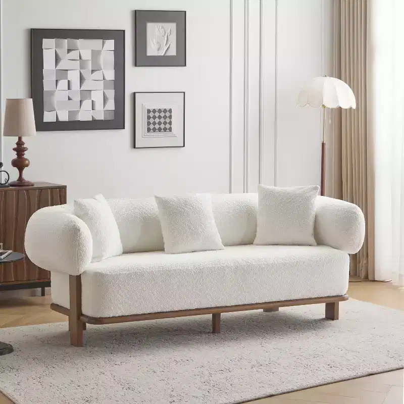 Christopher Knight Home Tadg 82 Rubberwood Boucle Upholstered 3 Seater Curved Sofa with 3 Pillows and Round Arm