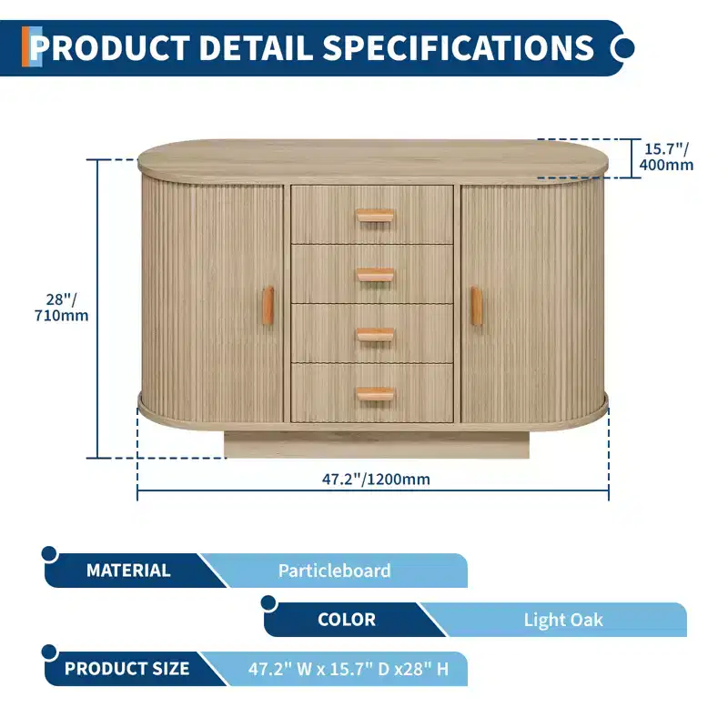 CuisinSmart 47 Modern Fluted Buffet Sideboard with 4 Drawers, Farmhouse Large Buffet Cabinet with 2 Arched Sliding Doors- Coffee Bar for Dining Room