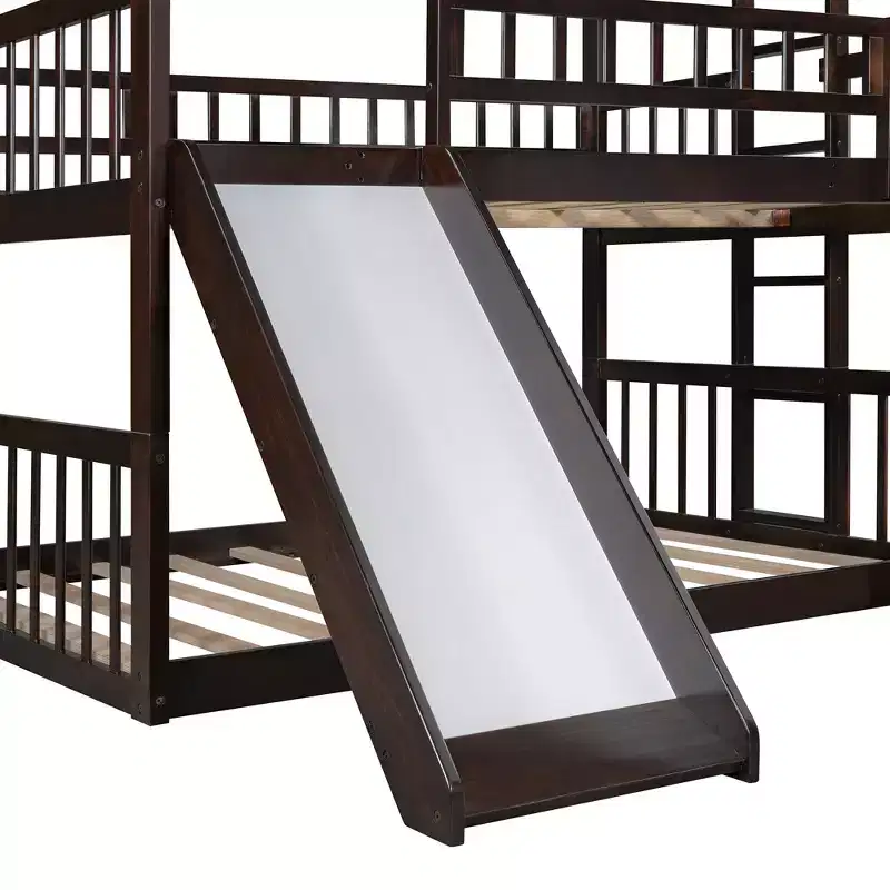 Full Over Full Over Full Triple Bunk Bed with Ladders and Slide, Espresso