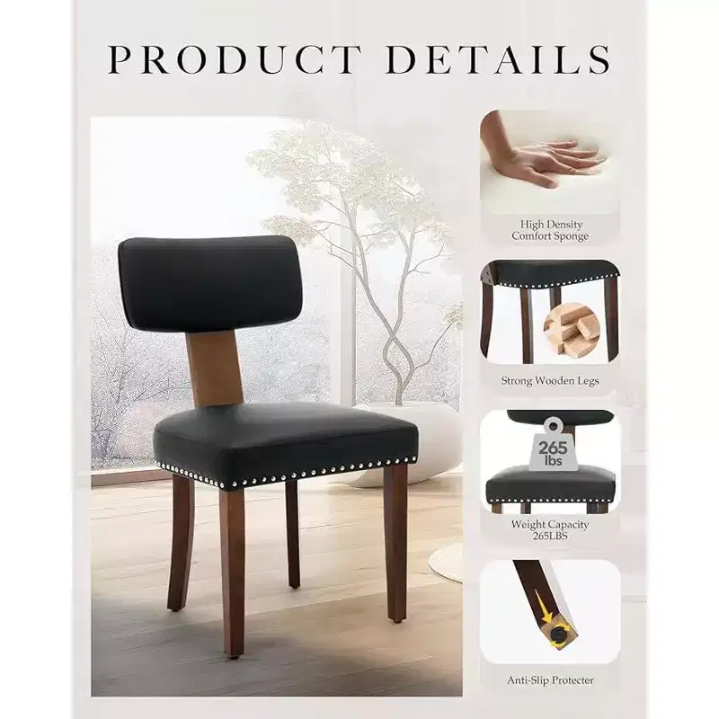 2 sets of dining chairs, modern leather kitchen chairs, with curved backrests, hardwood frame, wooden legs and nail head decoration